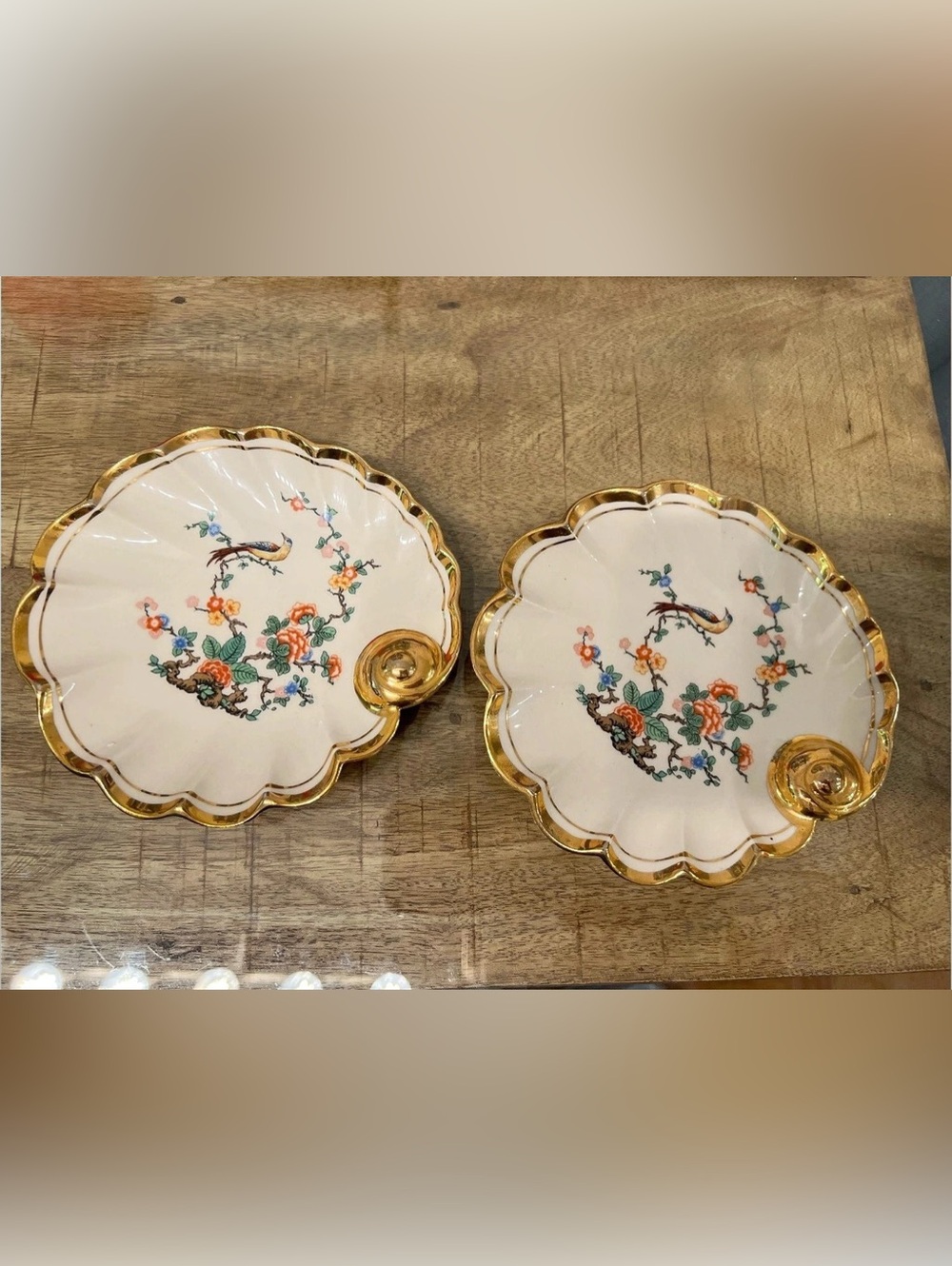 Shell Dish Floral bird Gold-Trim Serveware Set of 2